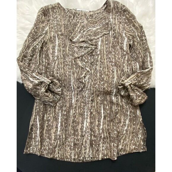 Tahari Sz XS Silk/Cotton Blend Semi Sheer Ruffle Front Roll Tab Sleeve Top - Picture 2 of 4